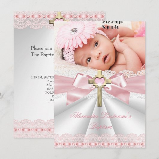 Invitation Baptême Christening Gold Cross Girls Rose (Devant / Derrière)