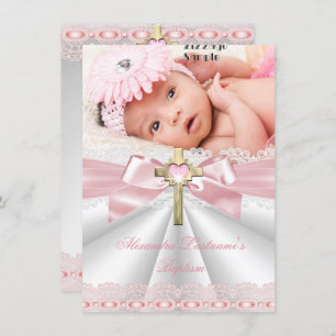 Invitation Baptême Christening Gold Cross Girls Rose