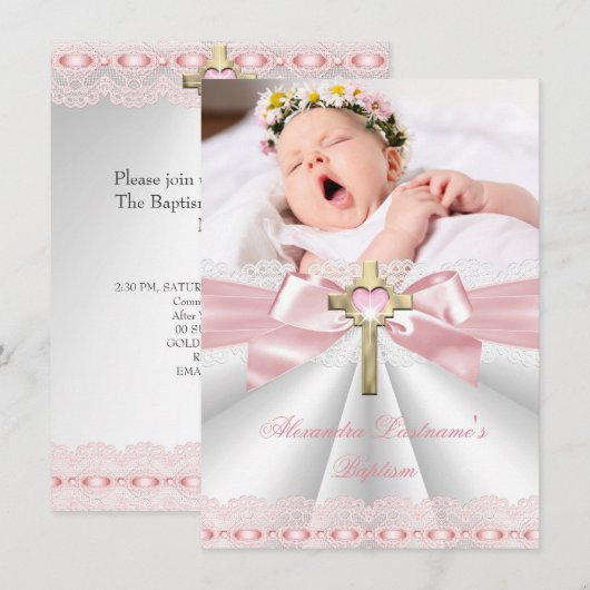 Invitation Baptême Christening Gold Cross Girls Rose 2 (Devant / Derrière)