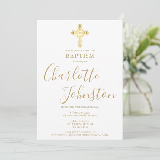 Invitation Baptême Christening Gold Cross Signature Script (Debout devant)