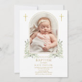Invitation Baptême Christening Green Arc Or Photo (Devant)