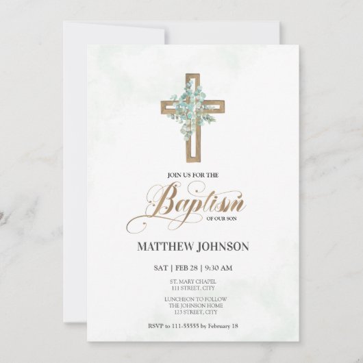 Invitation Baptême Christening Green Cross Élégant Script (Devant)