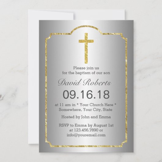 Invitation Baptême Christening Holy Cross Gold encadré Argent (Devant)