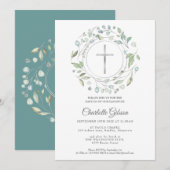 Invitation Baptême Christening Laurel Garland Silver Cross (Devant / Derrière)