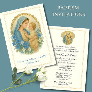 Invitation Baptême Christening Marie Jésus Bleu Floral
