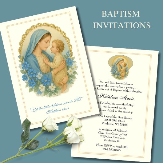Invitation Baptême Christening Marie Jésus Bleu Floral