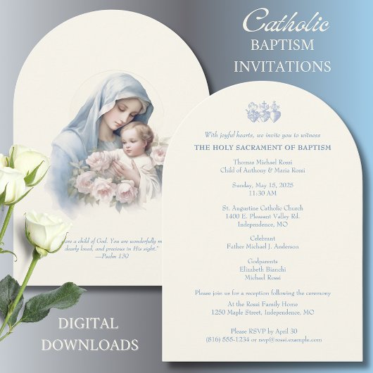Invitation Baptême Christening Marie Jésus Religieux