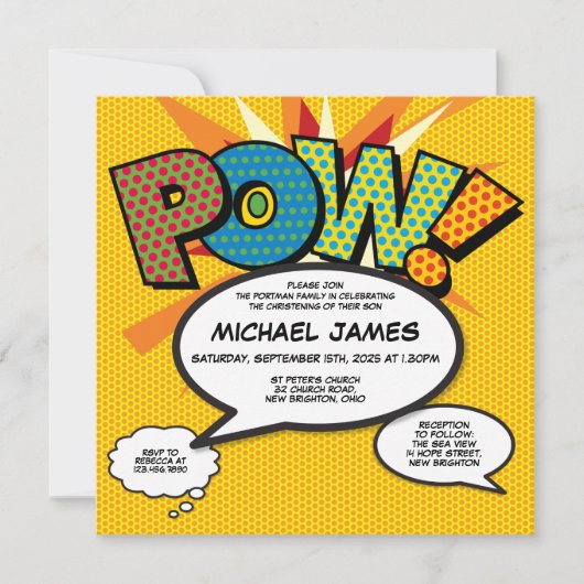 Invitation Baptême Christening Modern Comic Book Pop Art  (Devant)