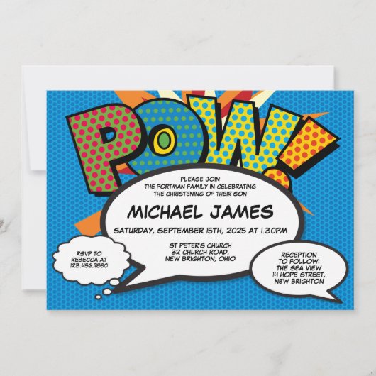 Invitation Baptême Christening Modern Fun Blue Comic (Devant)
