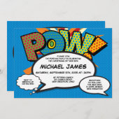 Invitation Baptême Christening Modern Fun Blue Comic (Devant / Derrière)