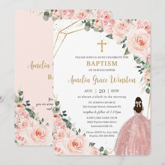 Invitation Baptême Christening Or Blush Floral Fleurs Girl (Devant / Derrière)