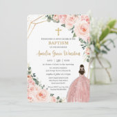 Invitation Baptême Christening Or Blush Floral Fleurs Girl (Debout devant)