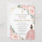Invitation Baptême Christening Or Blush Floral Fleurs Girl (Devant)