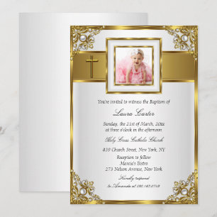 Invitation Baptême/Christening Photo en Damassé Or & Croix