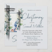 Invitation Baptême Christening Photo Homme Modern Blue (Devant / Derrière)