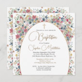 Invitation Baptême Christening Photo Moderne Fleurs De Champ (Devant / Derrière)