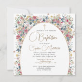 Invitation Baptême Christening Photo Moderne Fleurs De Champ (Devant)
