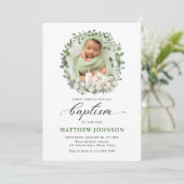 Invitation Baptême Christening Photo Rose Floral (Debout devant)
