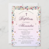 Invitation Baptême Christening Photo Rose Floral Girls (Devant)