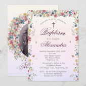 Invitation Baptême Christening Photo Rose Floral Girls (Devant / Derrière)