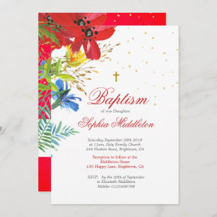 Invitation Baptême Christening Red Wild Flowers Religieux