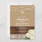Invitation Baptême Christening Rose Burlap Dentelle en bois (Devant)