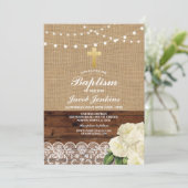 Invitation Baptême Christening Rose Burlap Dentelle en bois (Debout devant)