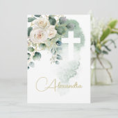 Invitation Baptême Christening Rose Croix religieuse verte (Debout devant)