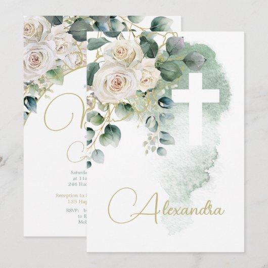 Invitation Baptême Christening Rose Croix religieuse verte (Devant / Derrière)
