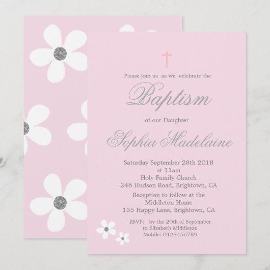 Invitation Baptême Christening Rose Daisy Silver Girl (Devant / Derrière)