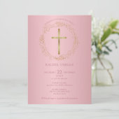 Invitation Baptême Christening Rose Gold Cross Floral (Debout devant)