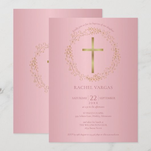 Invitation Baptême Christening Rose Gold Cross Floral (Devant / Derrière)
