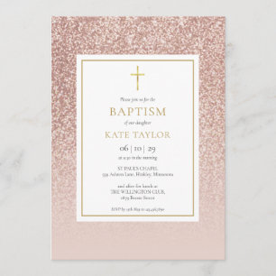 Invitation Baptême Christening Rose Gold Pailleté