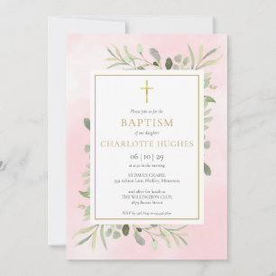 Invitation Baptême Christening Rose Pâle Aquarelle Verdure