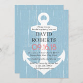 Invitation Baptême Christening Rustique Bleu clair & Ancre (Devant / Derrière)