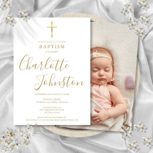 Invitation Baptême Christening Signature Script Photo Doré