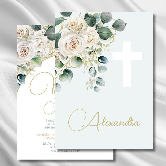 Invitation Baptême Christening Soft Green Religion Cross