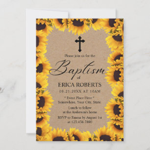 Invitation Baptême Christening Tournesol Vintage Rustique Kra