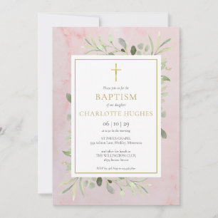 Invitation Baptême Christening Végétal Aquarelle Rose