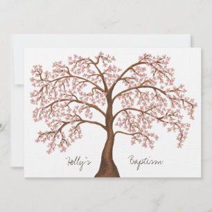Invitation Baptême Christening White Rose Cherry Blossom Tree