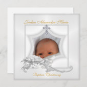 Invitation Baptême Christening White Star Photo Cross Bow (Devant / Derrière)