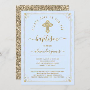 Invitation Baptême classique Blue Gold Boy