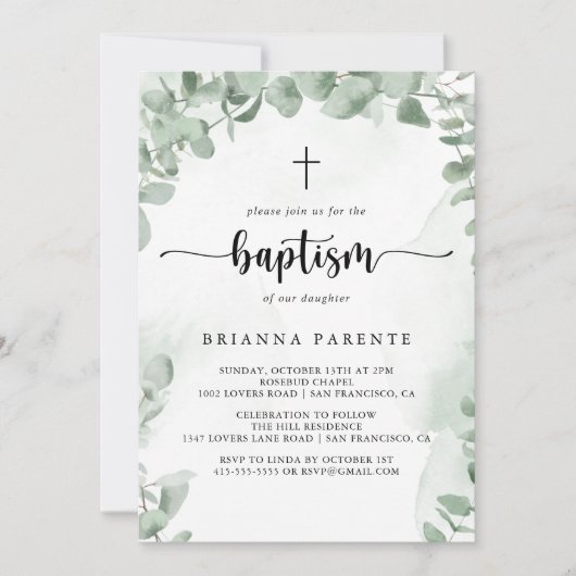 Invitation Baptême classique de feuillage vert Eucalyptus (Devant)