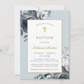 Invitation Baptême classique de fleurs bleues et d'huile d'or (Devant)
