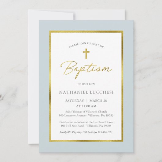 Invitation Baptême classique en bleu et en or (Devant)