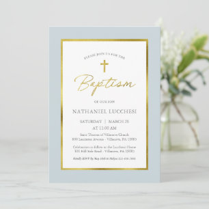 Invitation Baptême classique en bleu et en or