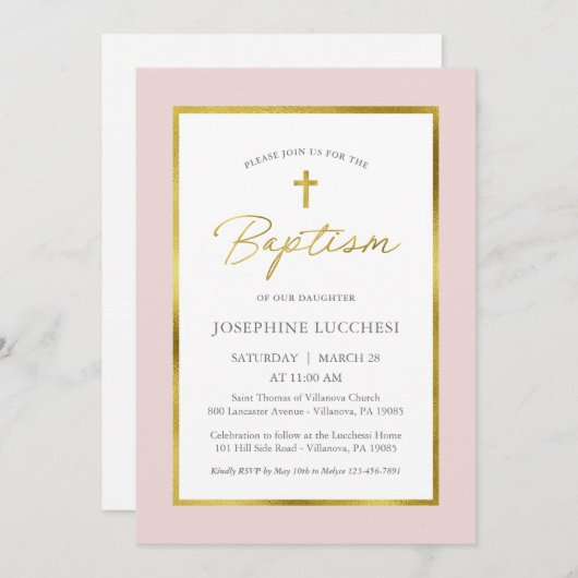 Invitation Baptême classique rose et or Script (Devant / Derrière)