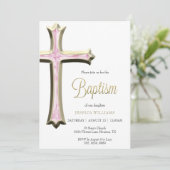 Invitation Baptême Classy Gold & Pink Cross (Debout devant)
