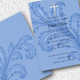 Invitation Baptême Confirmation 1ère Communion Blue Acanthus