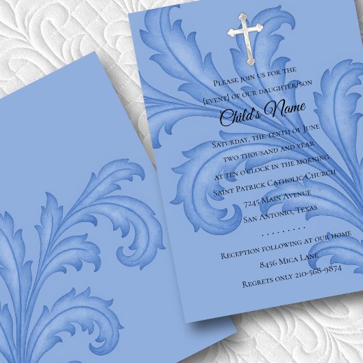 Invitation Baptême Confirmation 1ère Communion Blue Acanthus